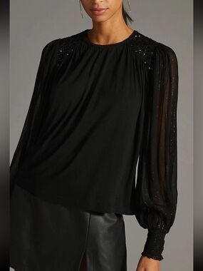 Anthropologie Bl^nk London Black Emery Top L Large Sequin Yoke Sheer Long Sleeve
